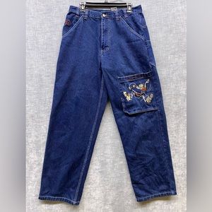 No Boundaries Jeans Mens 32x32 Blue Baggy Fit Y2K Skater Embroidery Wide Leg